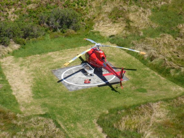 Photograph showing red helicopter resting on helipad on a grassy field. 