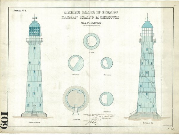 Colourised drawing plan of Tasman Island Lighthouse tower. Two drawings of the tower, one showing the external details of the tower and the other showing internal details of the tower. 