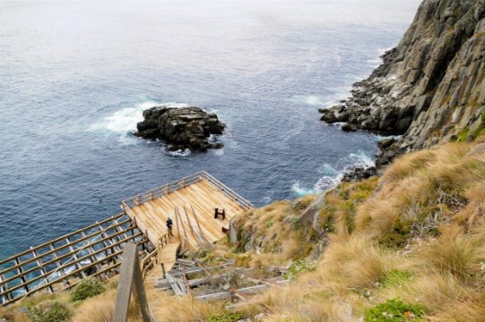 Photograph showing the island's wooden landing set on a cliff-edge with the ocean below. 