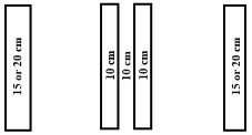 Image with dimensions, of left edge, centreline and right edge lane markings for two-lane, two-way road, with lane changing allowed from one direction only.