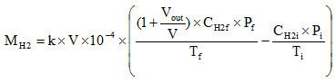 Complex formula to determine net hydrogen mass

start formula M subscript H2 equals k times V times 10 superscript -4 times open large square bracket start fraction open round bracket 1 plus start fraction V subscript out over V end fraction close round bracket times C subscript H2f times P subscript f over T subscript f end fraction minus start fraction C subscript H2i times P subscript i over T subscript i end fraction close large square bracket end formula