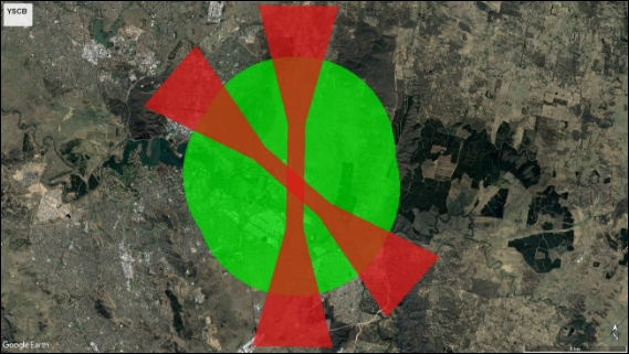 Map of area around Canberra aerodrome with approved area shaded green