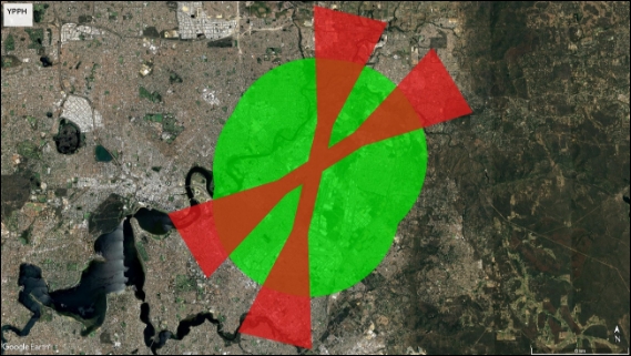 Map of area around Perth aerodrome with approved area shaded green