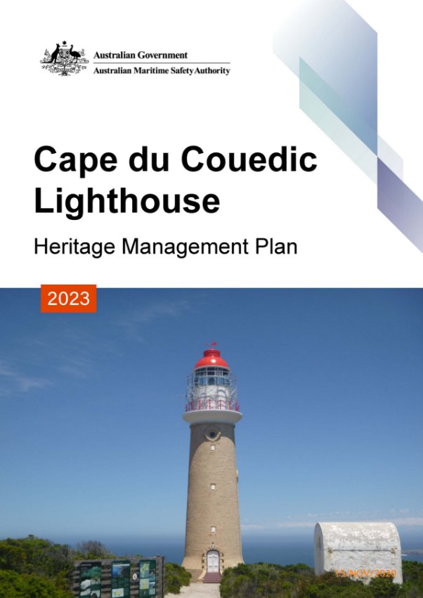 Cover page which reads "Cape du Couedic Lighthouse Heritage Management Plan 2023" accompanied by photo of stone lighthouse tower with red dome against a blue sky.