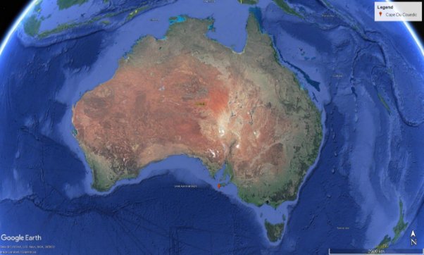 Satellite map showing Australian continent, a red marker indicates location of Cape du Couedic on south coast.