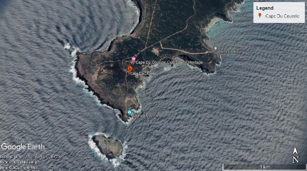 Satellite map of Cape du Couedic, red marker indicates location of lighthouse.