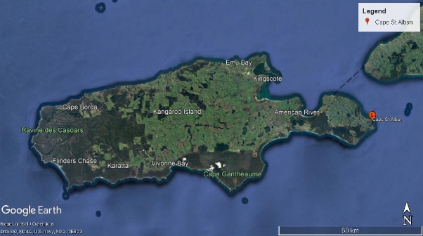 Satellite map of Kangaroo Island with the location of Cape St Alban on east coast of island indicated by red marker.  