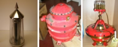 Photograph split into three. First photo shows a lighthouse sunvalve. Second photo shows a red lighthouse mixer. Third photo shows a red lighthouse flasher.