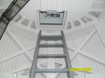 Photograph showing timber ladder ascending to floor level above. 