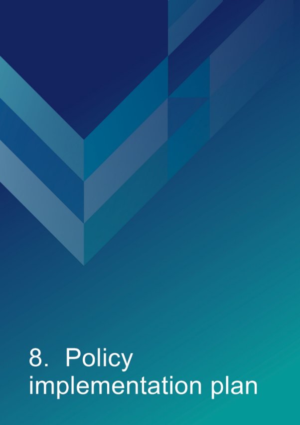 Decorative cover page which reads "8. Policy implementation plan".