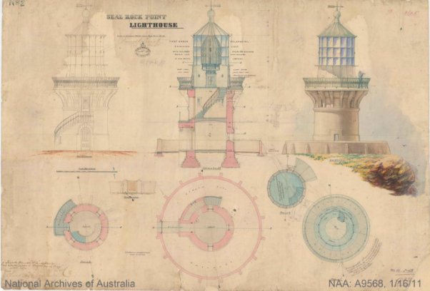 Architectural drawing of lighthouse with measurements and specifications written across the blueprint. 