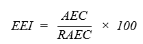 Formula relates to EEI (energy efficiency index) which is calculated as the refrigerated cabinet's annual energy consumption (AEC) in kWh per year divided by the refrigerated cabinet's reference annual energy consumption (RAEC) in kWh per year.