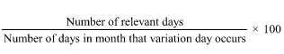 Start formula start fraction Number of relevant days over Number of days in month that variation day occurs end fraction times 100 end formula