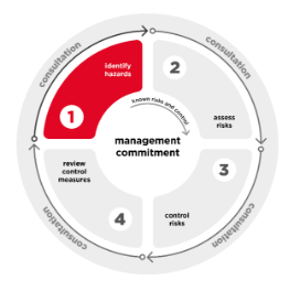 A circular diagram of the continual risk management process. The circle is divided into four parts to highlight the four steps. The first part is coloured in red to highlight the first step which is 'identify hazards'. 