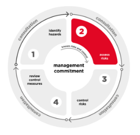 A circular diagram of the continual risk management process. The circle is divided into four parts to highlight the four steps. The second part is coloured in red to highlight the second step in the process, which is 'Assess risks'.