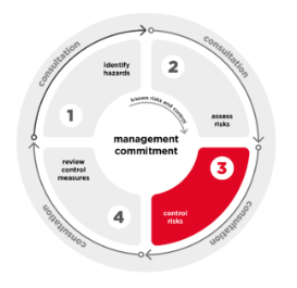 A circular diagram of the continual risk management process. The circle is divided into four parts to highlight the four steps. The third part is coloured in red to highlight the third step in the process, which is 'control risks'.