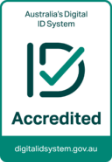 Trustmark icon – white rounded corner rectangle with green border and text Australia's Digital ID System, ID (with a green tick inside the D), Accredited and digitalidsystem.gov.au (with a green background).