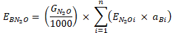 A formula to work out the emissions of nitrous oxide for the project area due to biomass burning in the reporting period – measured in carbon dioxide equivalents.