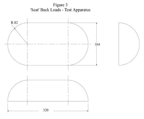 Figure 3 Seat Back Loads Test Apparatus 
Figure shows plan view of 164 mm diameter half cylinder with curved 82mm radius ends, cross section view of 82mm radius half cylinder and side view of half cylinder 320mm long
