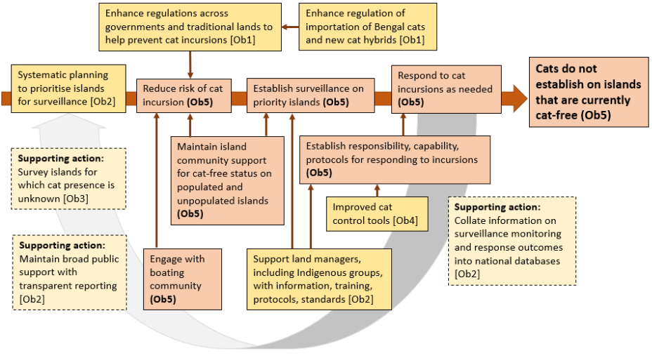 Diagram showing that the actions and outcomes of Objective 5 are supported by actions from cross-cutting objectives 1 (enhance regulation), 2 (planning and support), 3 (cat surveys) and 4 (improved control tools)