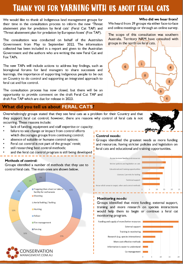 Image of a fact sheet summarising early engagement about feral cats and foxes with Indigenous groups in southern Australia (page 2). Groups were asked about impacts of foxes, monitoring and management 