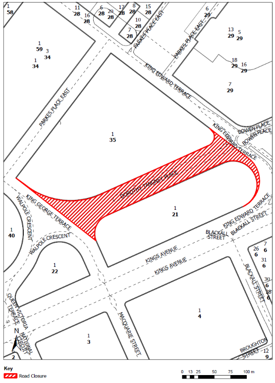 Map showing road closure of Dorothy Tangney Place