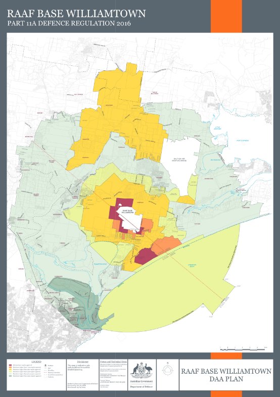 A map depicting the RAAF Base Williamtown Defence Aviation Area Plan in New South Wales