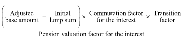 Start formula start fraction open bracket Adjusted base amount minus Initial lump sum close bracket times Commutation factor for the interest times Transition factor over Pension valuation factor for the interest end fraction end formula