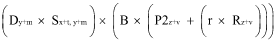 Start formula open bracket D subscript y subscript plus subscript m times S subscript x subscript plus subscript t subscript comma subscript y subscript plus subscript m close bracket times open bracket B times open bracket P2 subscript z subscript plus subscript v plus open bracket r times R subscript z subscript plus subscript v close bracket close bracket close bracket end formula